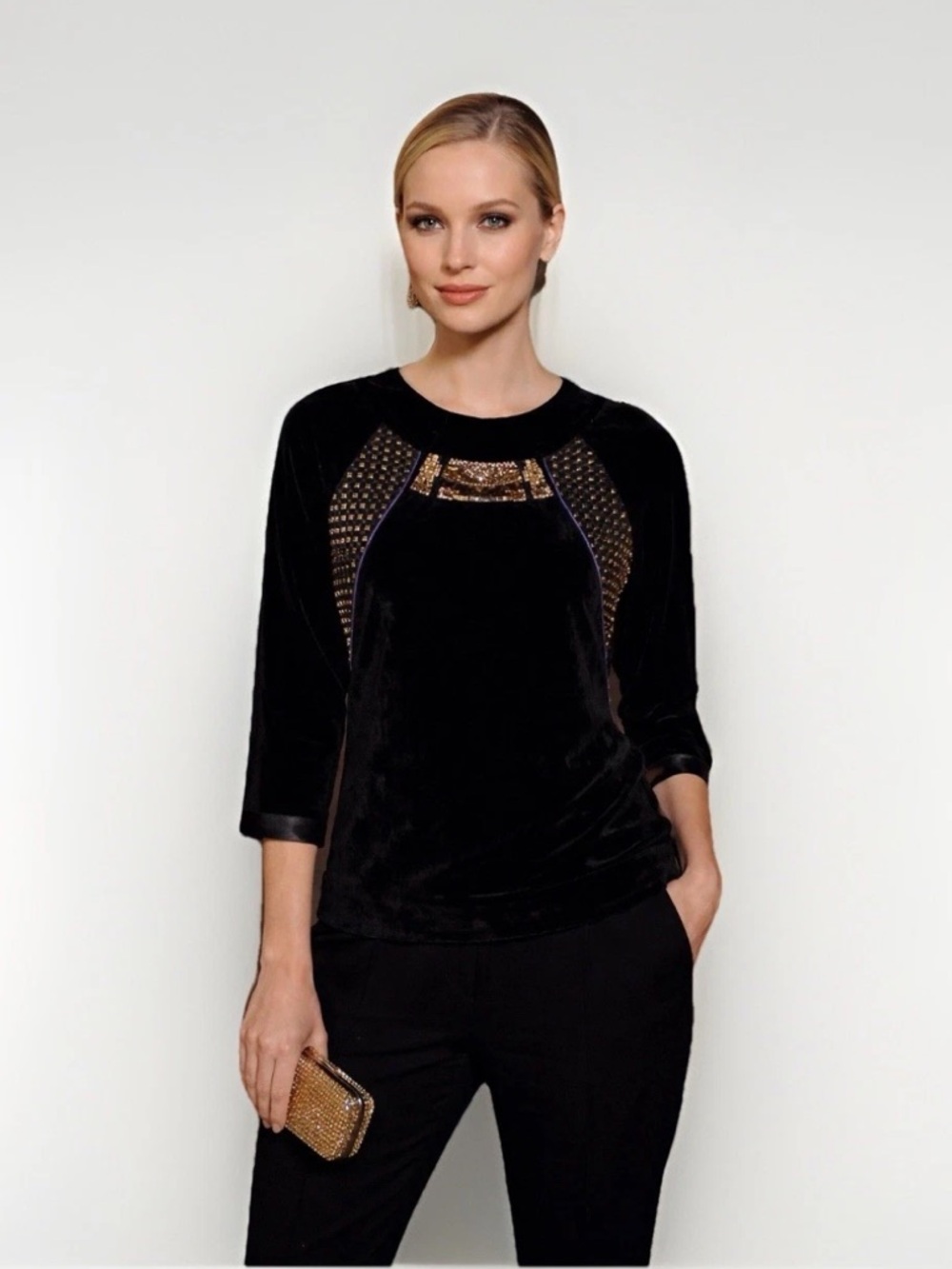 Etro Womens Small 4 6 Cashmere Silk Wool Velvet Mixed Media Sweater Top Black